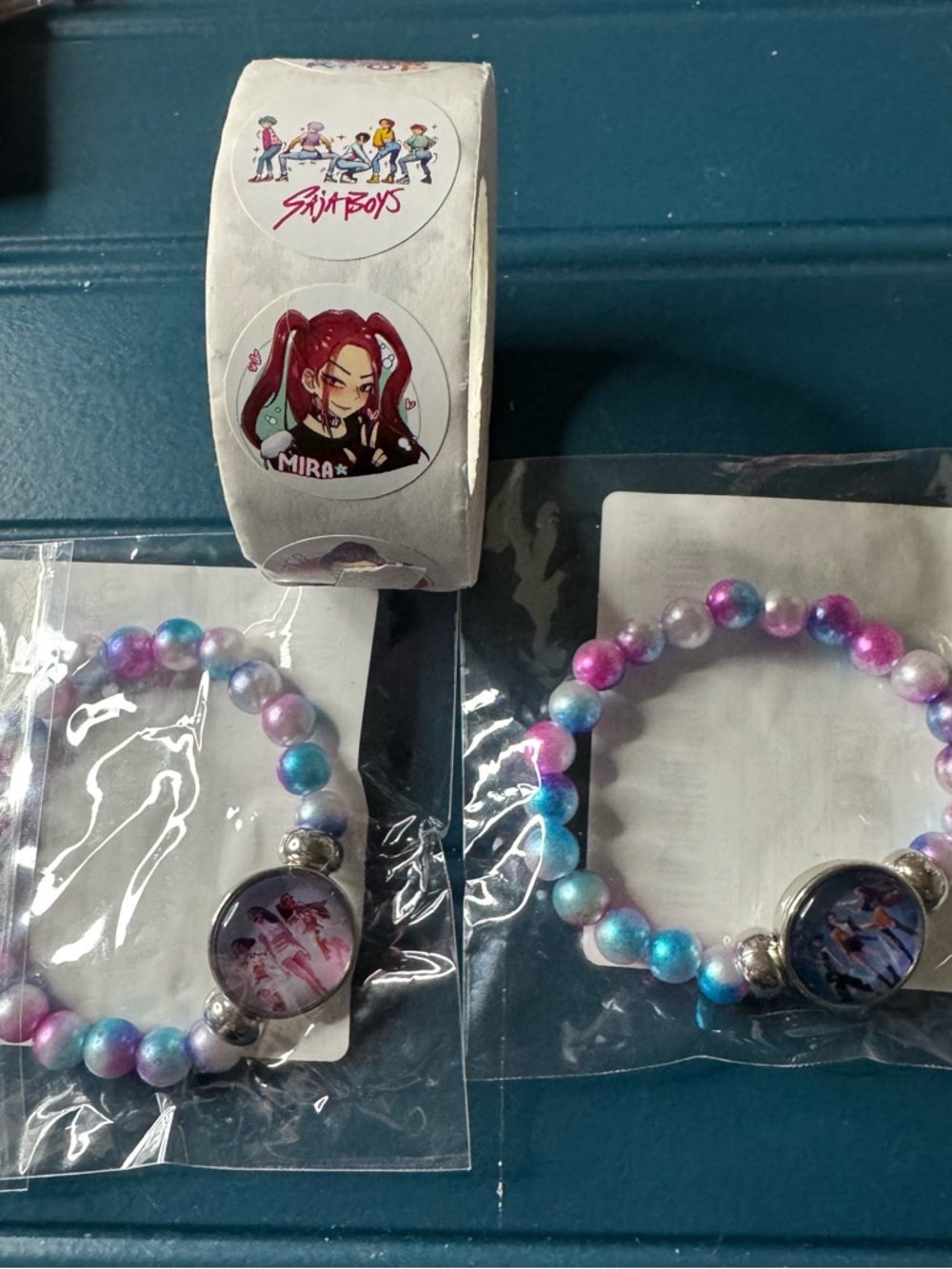 Set 2 KPop Demon Hunters Anime Pastel Beaded Stretch Bracelets and 500 Stickers